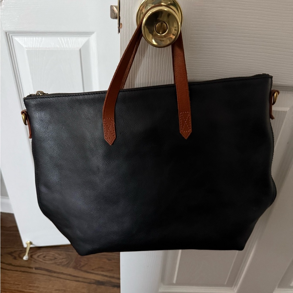 Madewell Black Leather Tote with brown/Tan handle